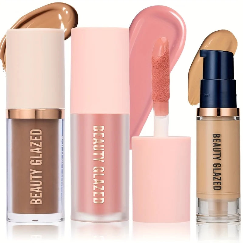 Set of Beauty Glazed makeup products including a lip gloss, lipstick, and foundation on a white background.