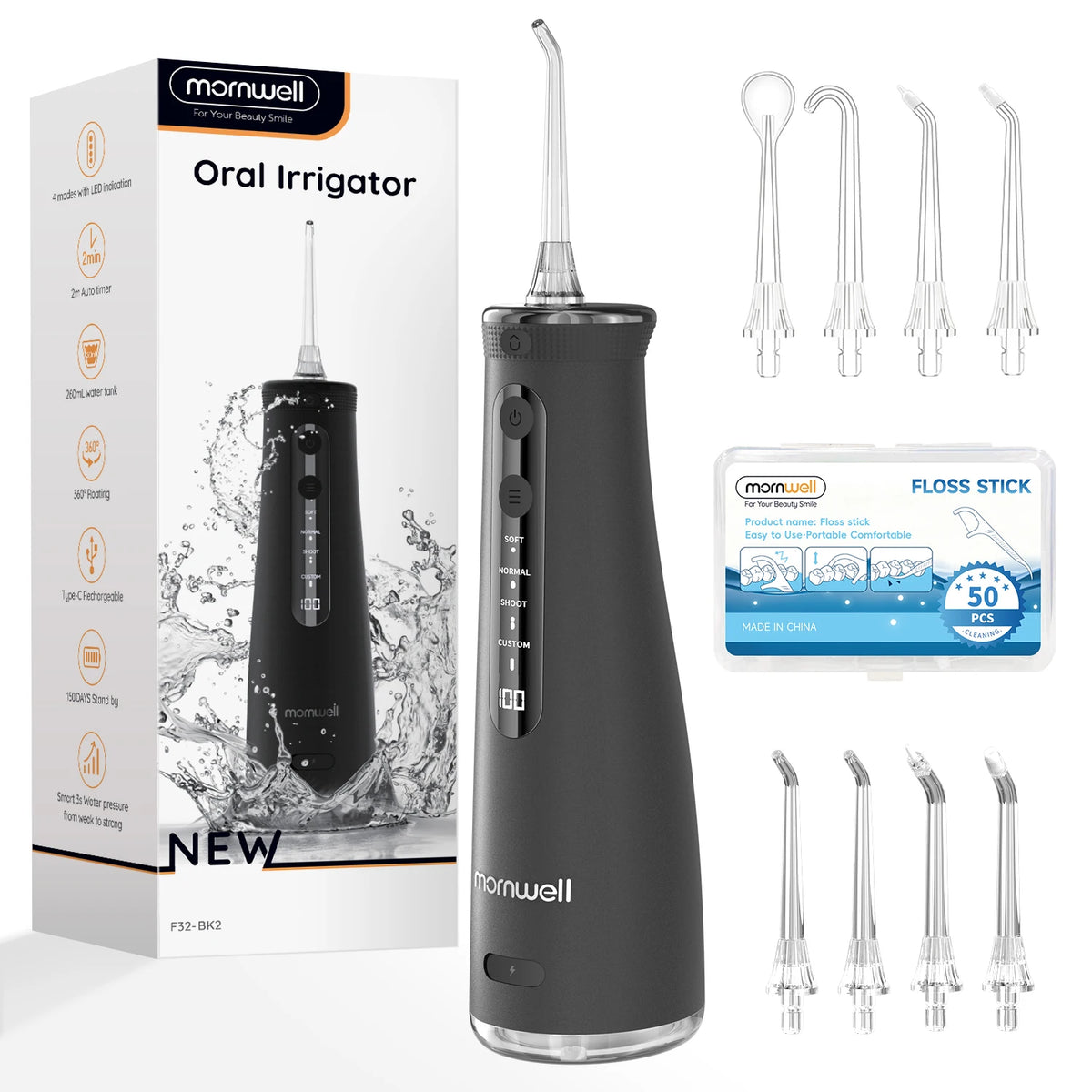 Black oral irrigator with packaging and additional nozzles on a white background