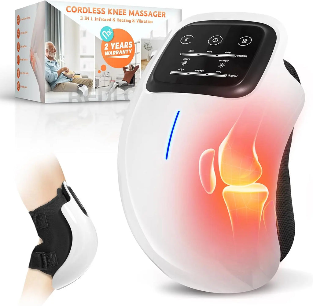 Cordless knee massager with packaging in the background