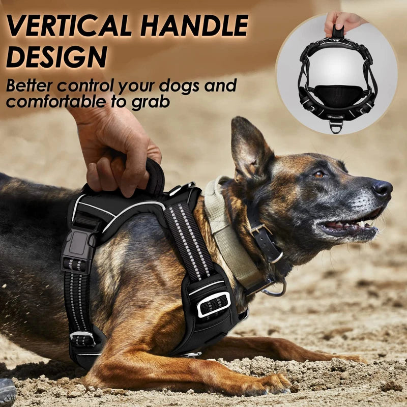 Dog wearing a harness with a vertical handle design, lying on the ground.