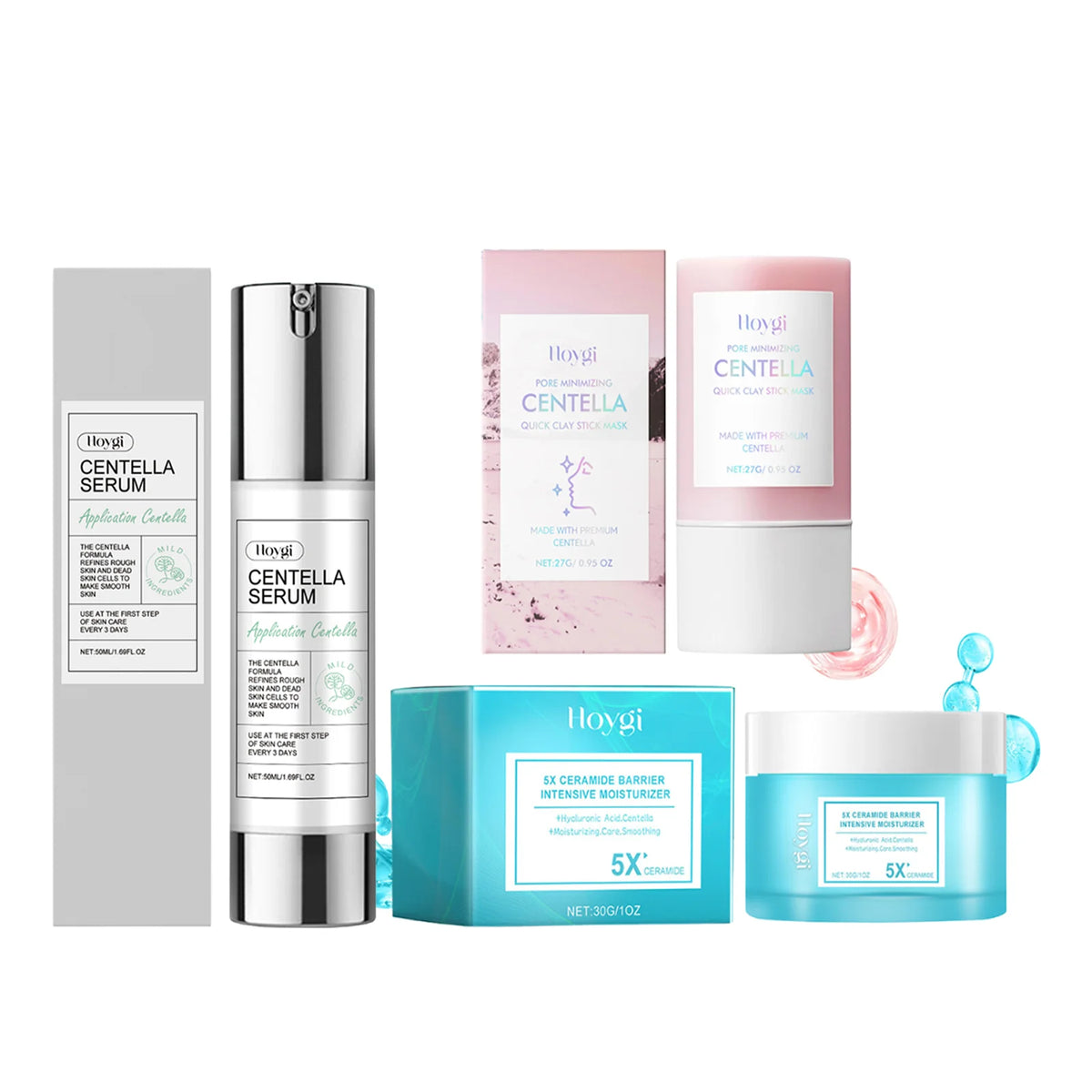 Hoygi skincare products including serum, cream, and boxes on a white background