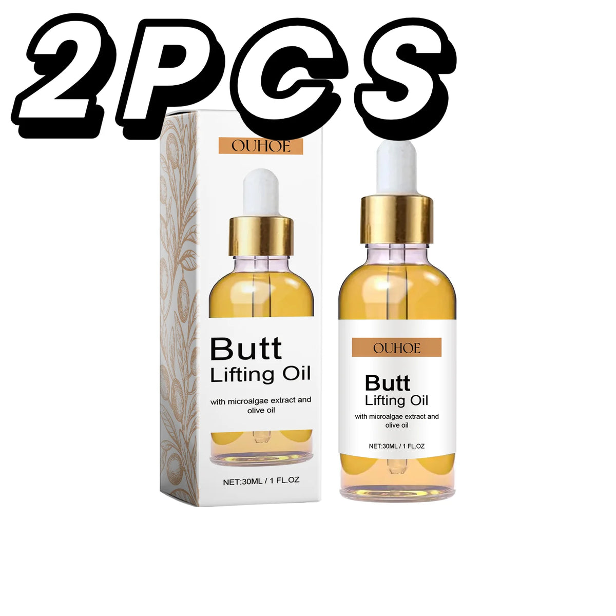 Two bottles of 'Butt Lifting Oil' with packaging on a white background, labeled '2PCS'.
