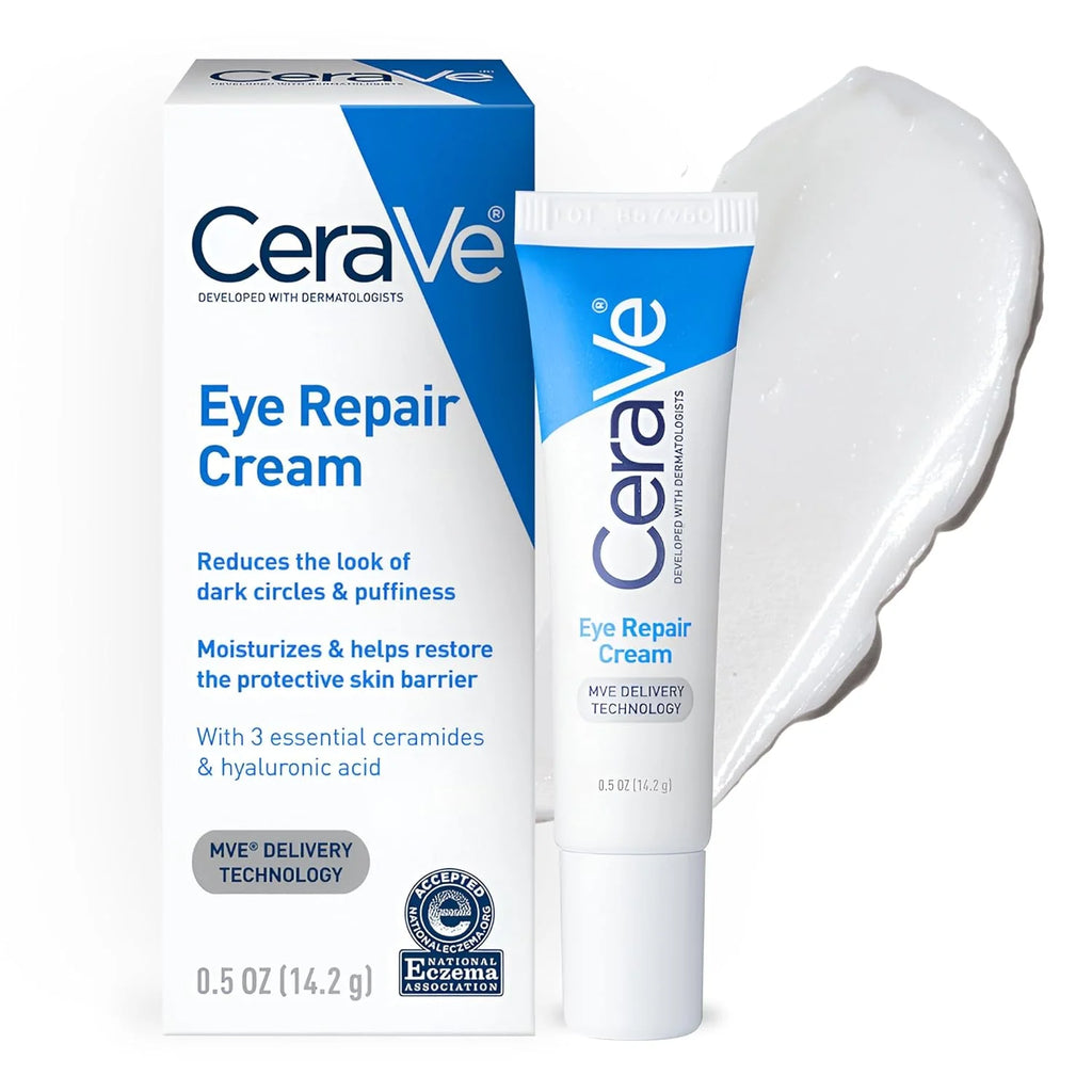 CeraVe Eye Repair Cream shown with its retail box, the cream tube, and a large smear of white cream on a plain white background.