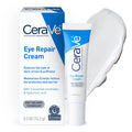 CeraVe Eye Repair Cream shown with its retail box, the cream tube, and a large smear of white cream on a plain white background.