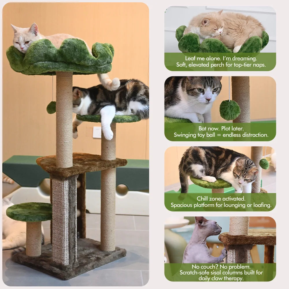 Cat tree with multiple cats on different levels, featuring text about cat activities.