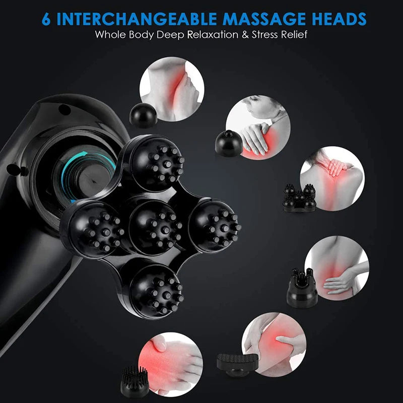 Massage device with interchangeable heads on a dark background, highlighting massage points.