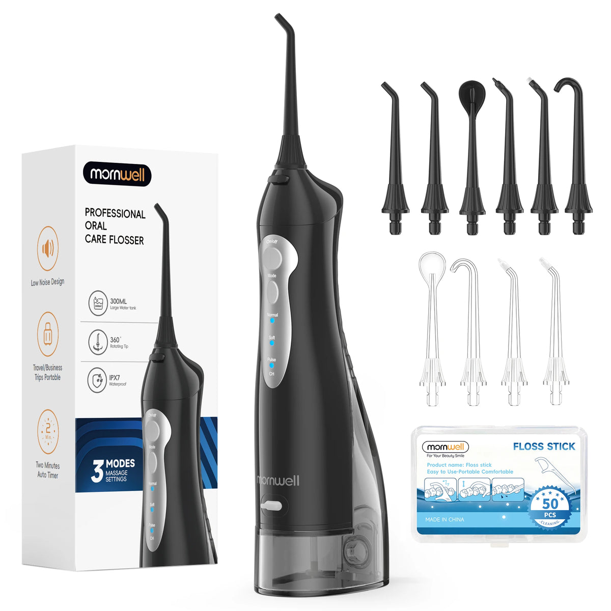 Mornwell D52 Cordless Water Flosser | 3 Modes | 6 Nozzles | 300ml | IPX7 | 30-Day Battery