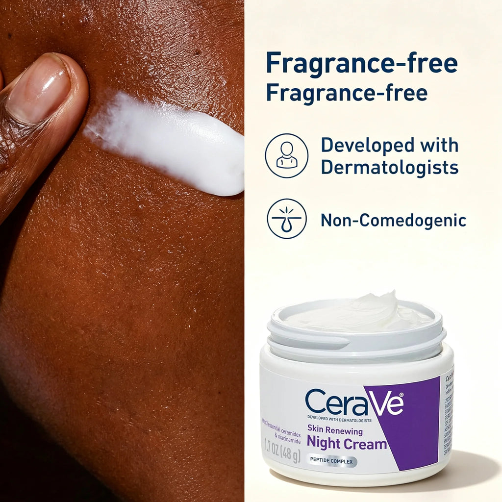 CeraVe Fragrance-Free Skin Renewing Night Cream jar shown beside a close-up of cream being applied to skin, with text highlighting fragrance-free formula and dermatologist development.