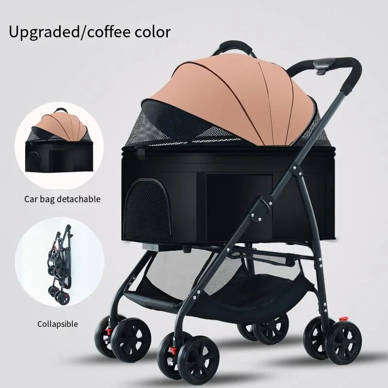 Coffee-colored baby stroller with detachable car bag on a light gray background