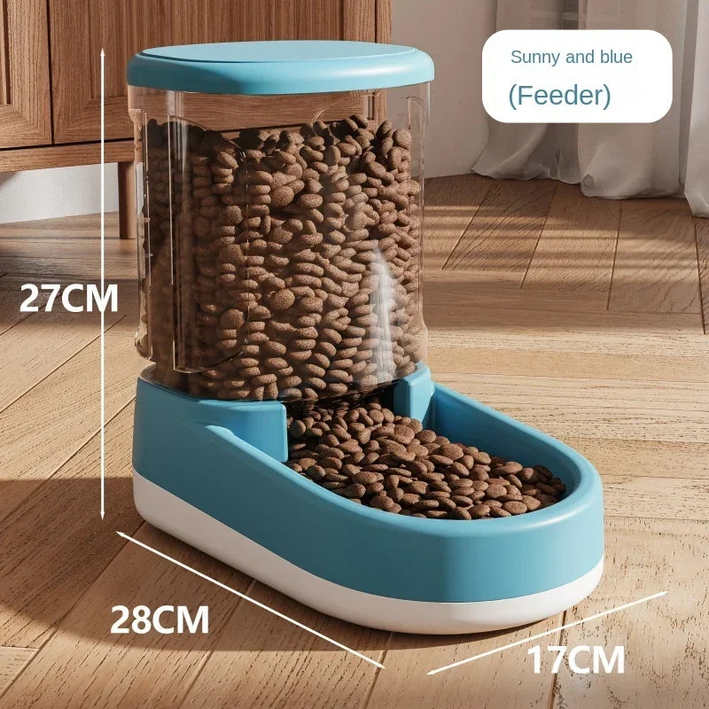 Blue pet feeder with measurements on a wooden floor