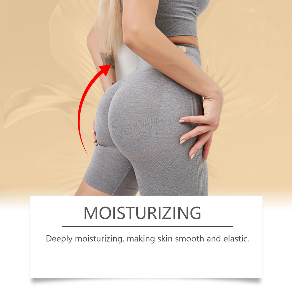 Gray leggings being worn with a focus on moisturizing effect on skin