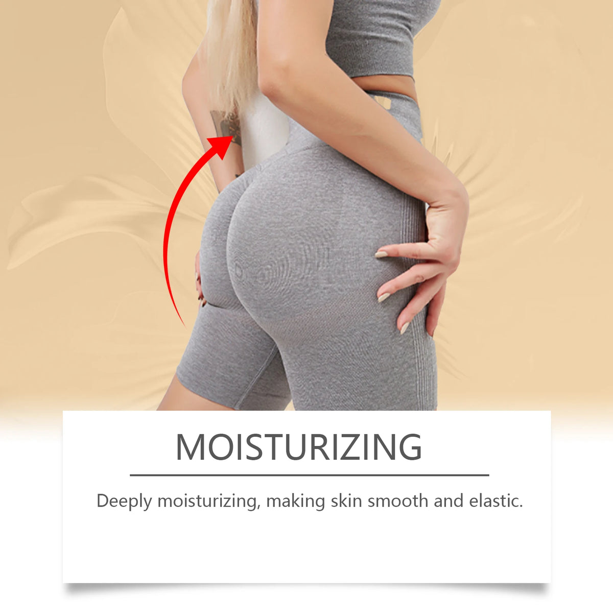 Gray leggings being worn with a focus on moisturizing effect on skin