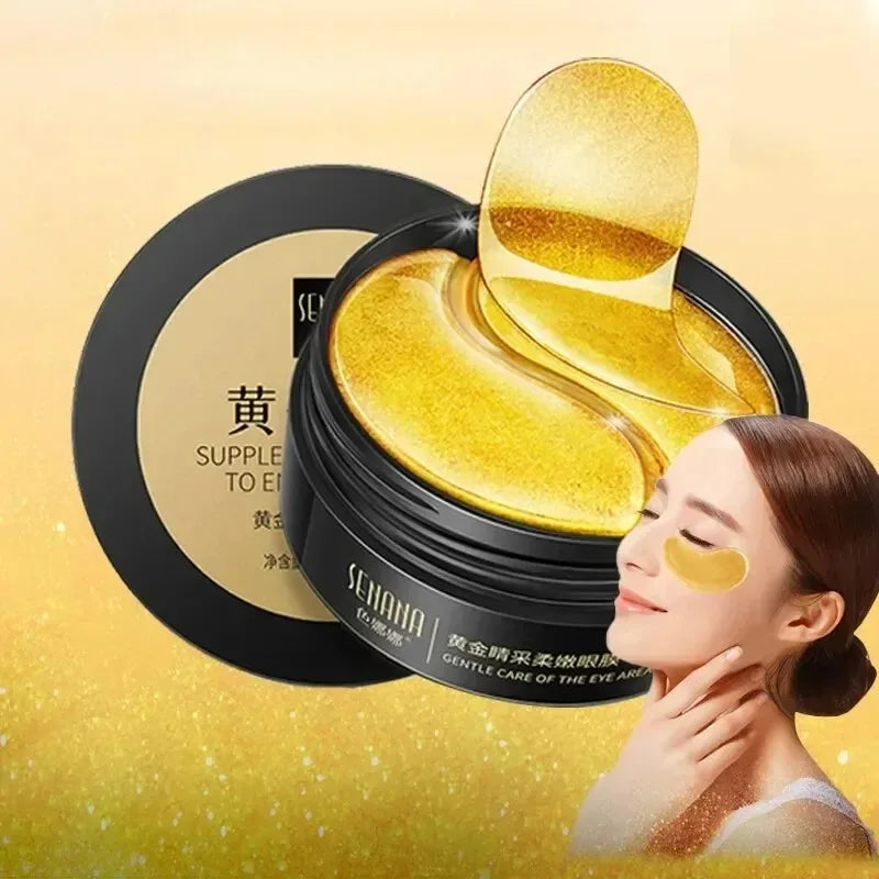 Gold eye patches with a container on a gold background, featuring a woman wearing the patches.