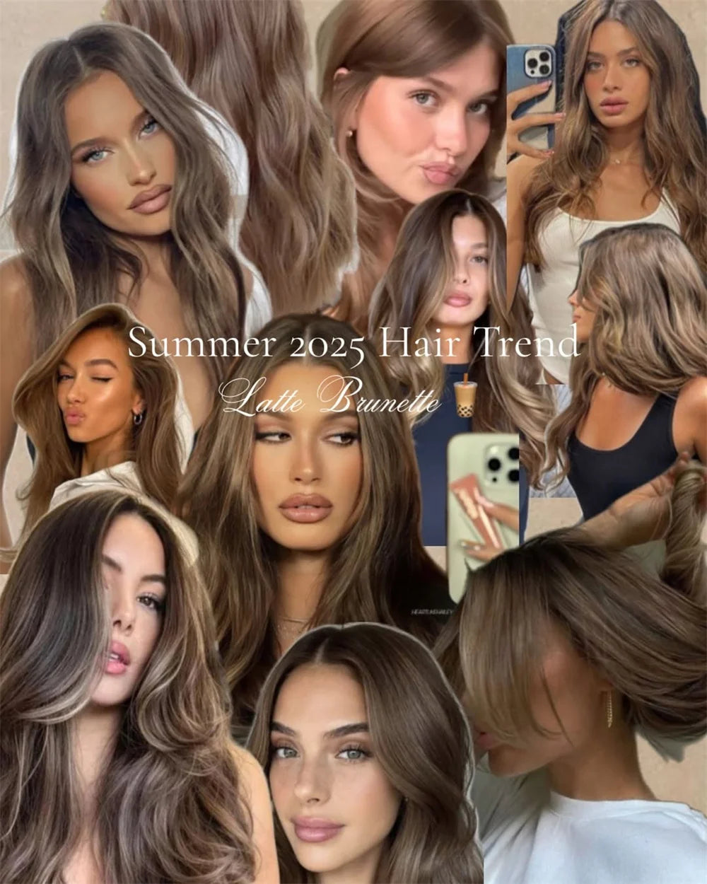 Collage of women with light brown hair, promoting a 'Summer 2025 Hair Trend' with 'Lotto Brunette'.