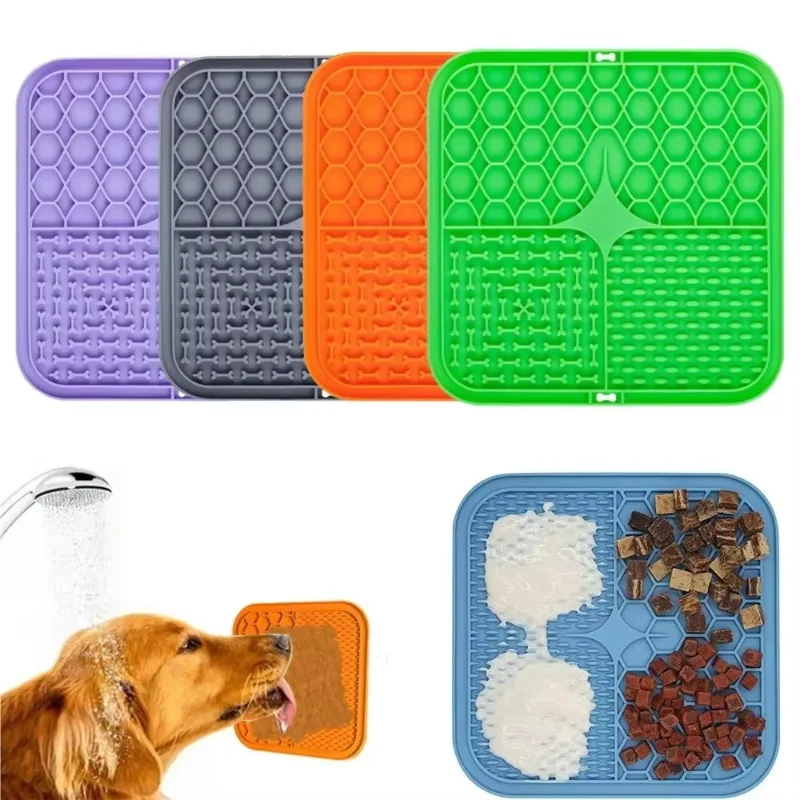Set of colorful silicone pet mats with a dog drinking from one of them.