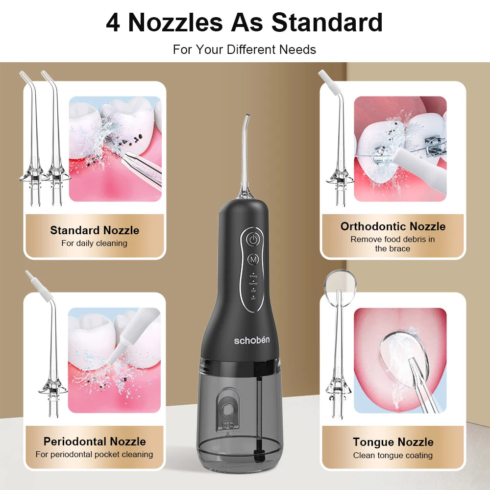 Black water flosser with four nozzles displayed on a beige background