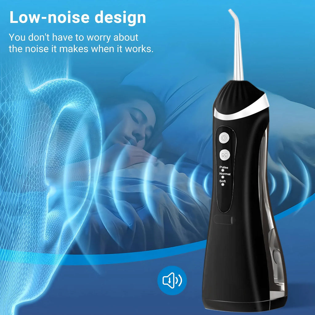 Black and silver dental water flosser with a blue background and text about low noise design.