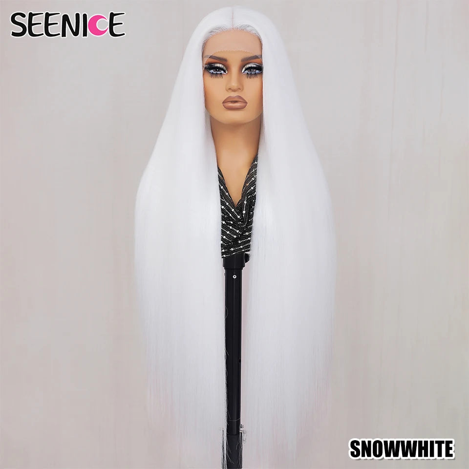 White wig on a mannequin head with 'SEENICE' branding and 'SNOWWHITE' text.