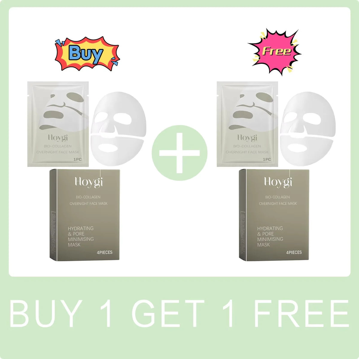 Hoygi face mask packaging with 'Buy 1 Get 1 Free' offer on a light green background