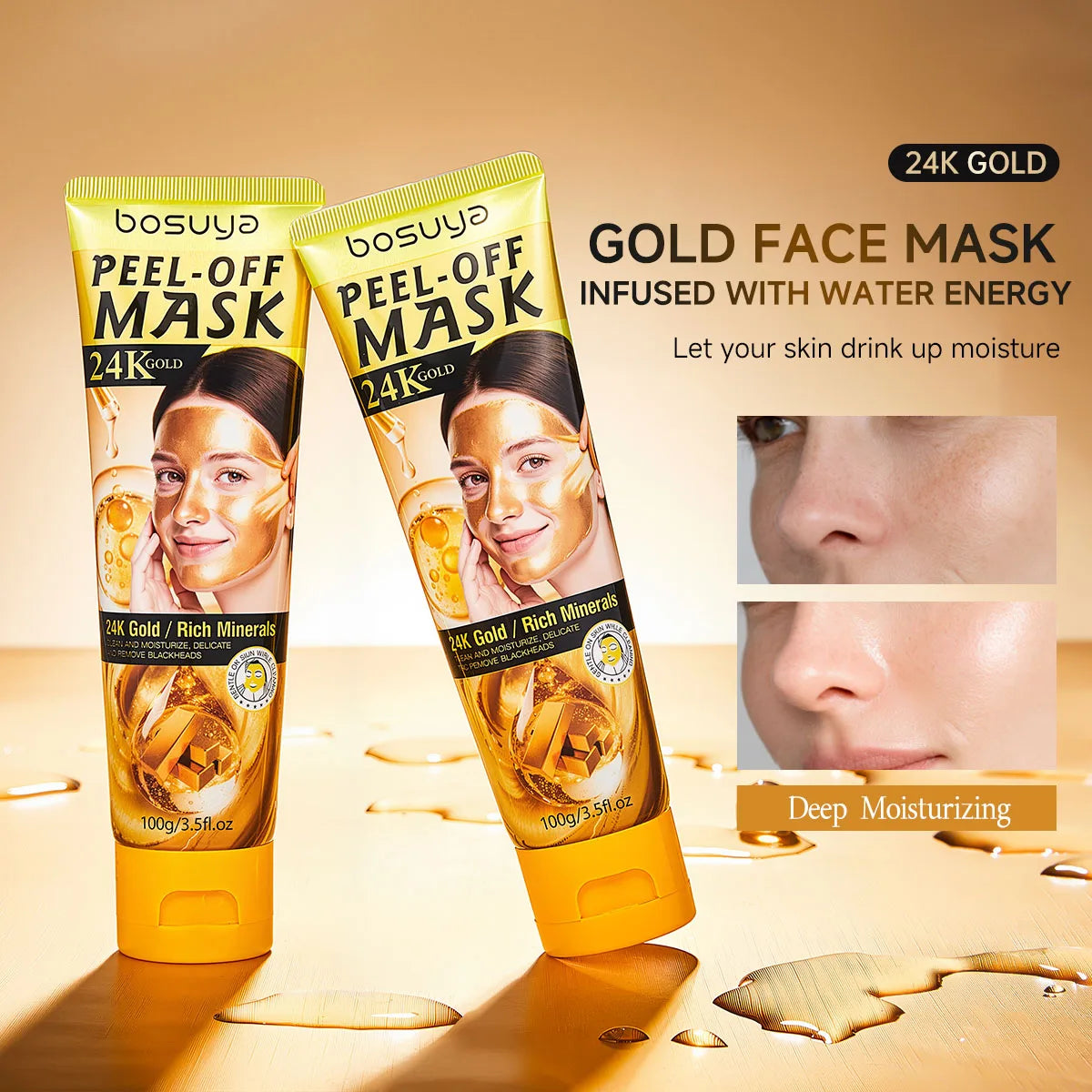 Two tubes of bosuya Peel-Off Mask 24K Gold shown on a warm gold-toned background with text and small before/after skin close-ups. The product packaging is yellow and gold with black text, and the scene is styled as a clean commercial ad.