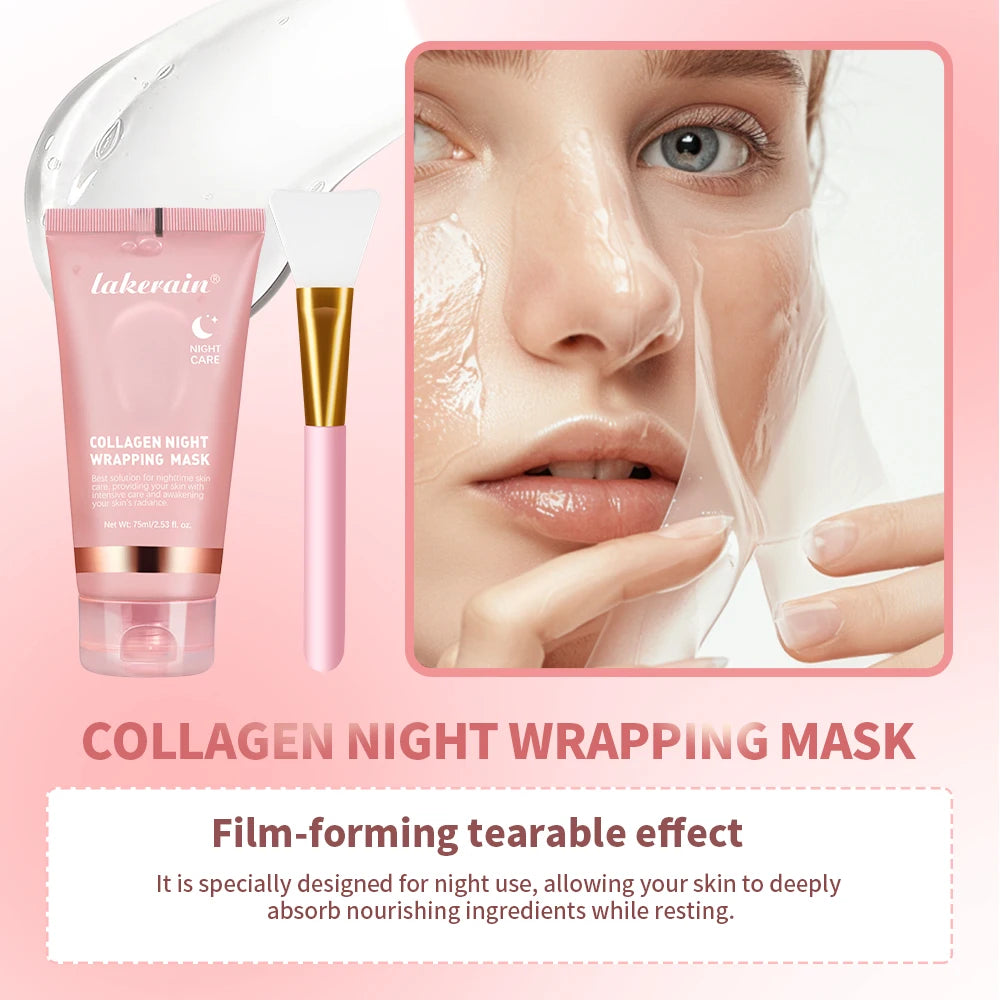 Collagen night wrapping mask with packaging and application on a pink background
