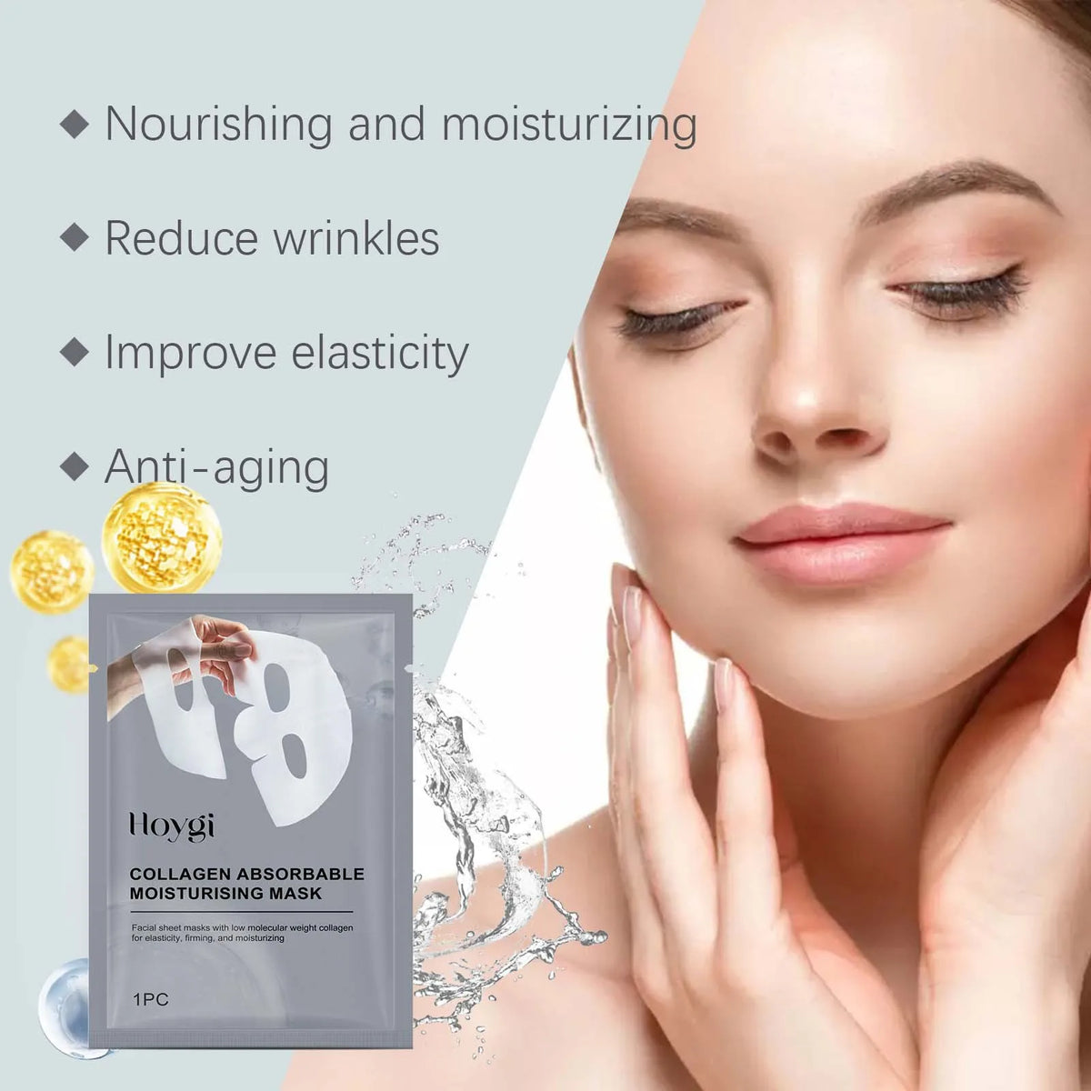 Collagen absorbable moisturizing mask with a woman's face and product packaging.