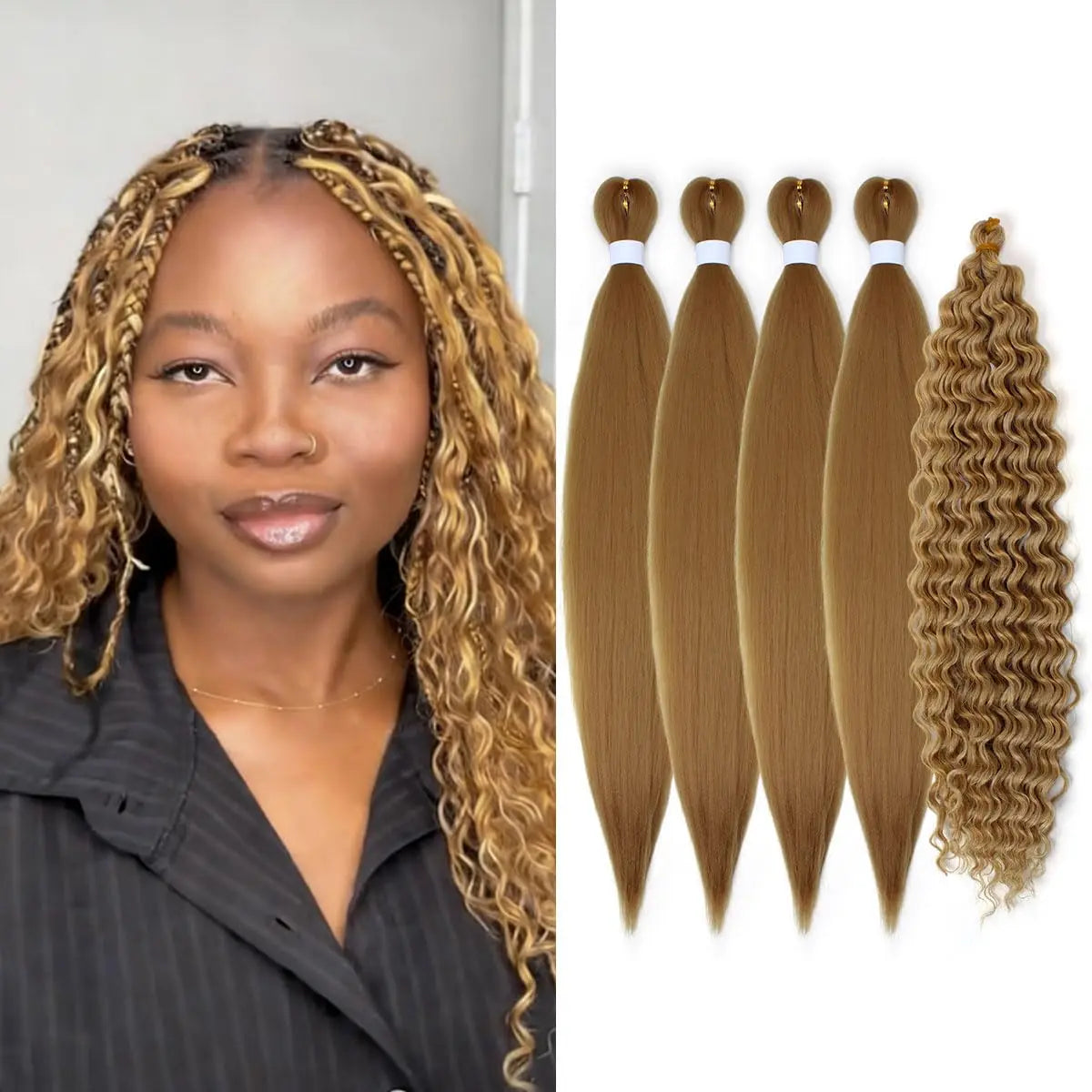 Woman with styled hair next to hair extensions on a white background