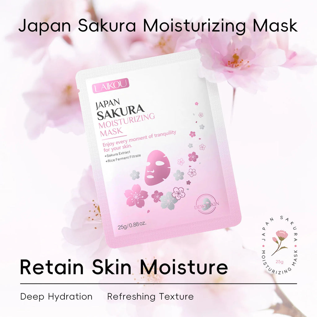 Japan Sakura Moisturizing Mask packaging with cherry blossoms in the background