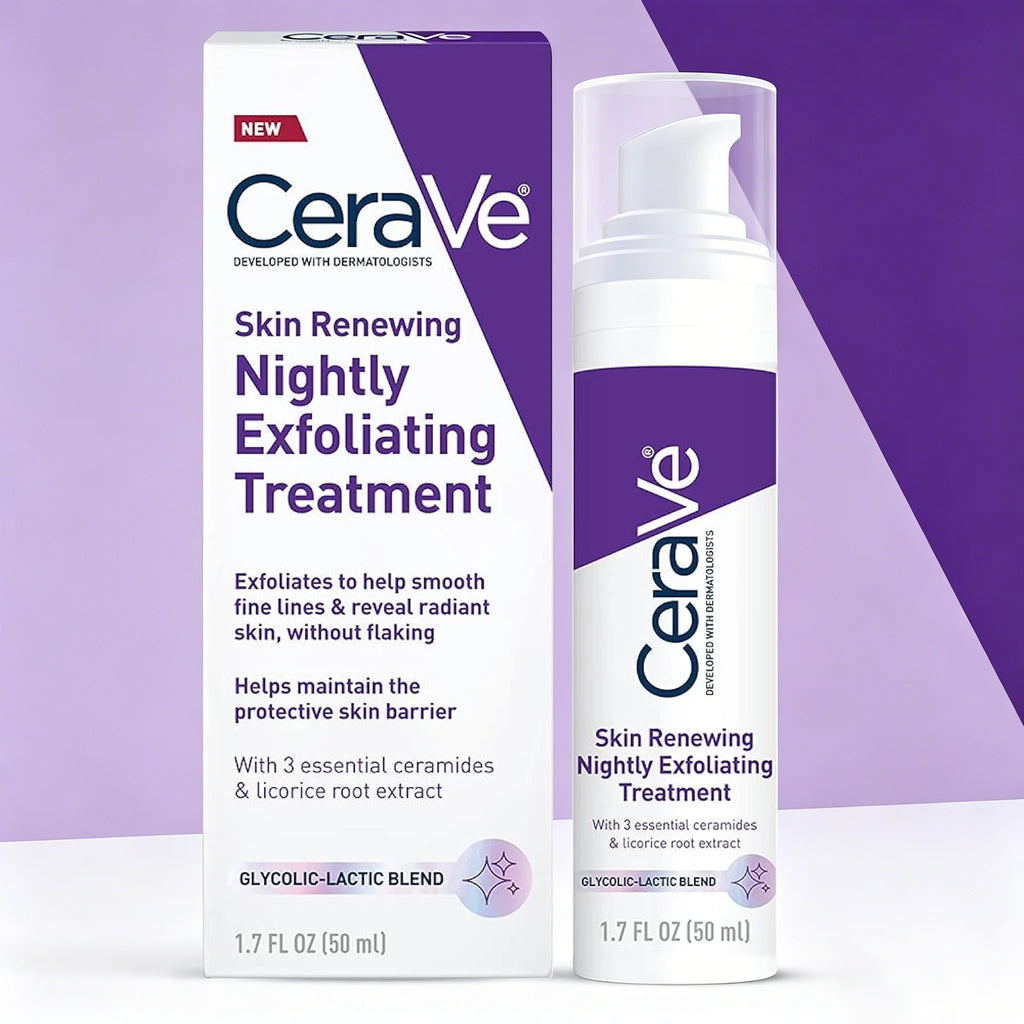 CeraVe Skin Renewing Nightly Exfoliating Treatment packaging on a purple background