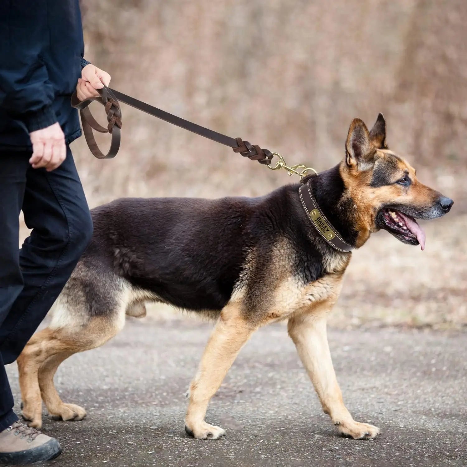Braided Genuine Leather Dog Leash for Large Dogs