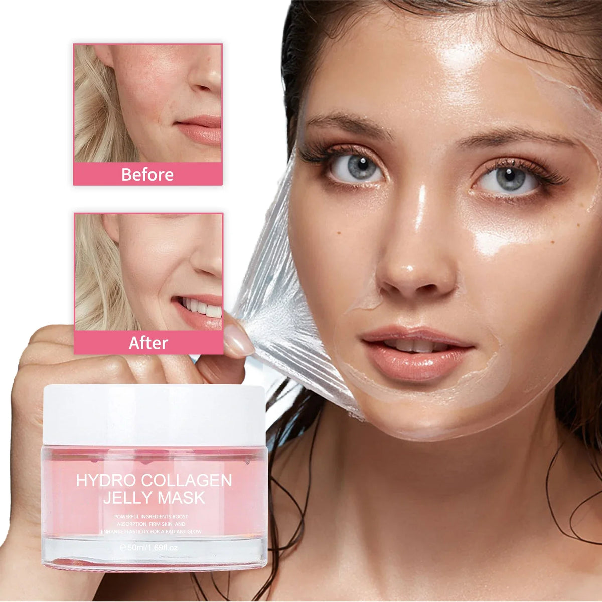 Woman applying hydro collagen jelly mask with 'Before' and 'After' comparisons, holding a jar of the mask.