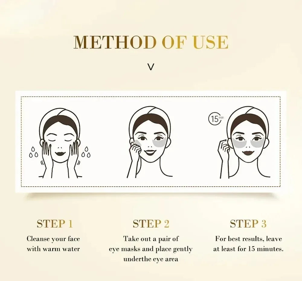 Instructions for using eye masks with illustrations and text on a beige background