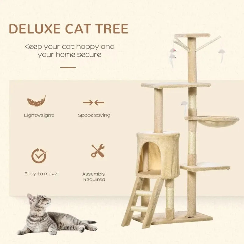 Deluxe cat tree with a cat sitting on the ground, featuring text about its features.