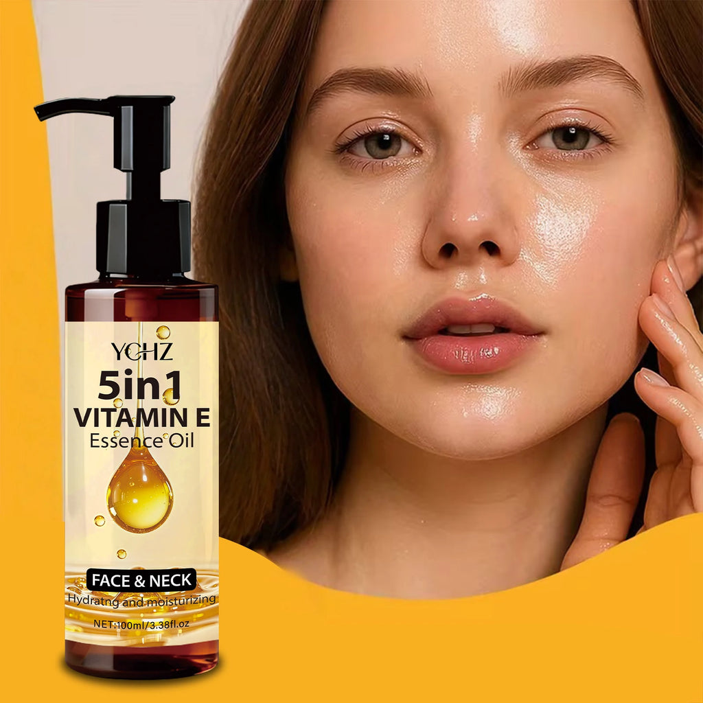 Woman with glowing skin next to a bottle of YCHZ 5in1 Vitamin E Essence Oil on a yellow background