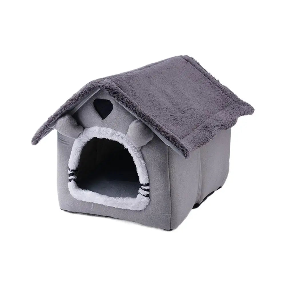 Gray pet house with a soft interior on a white background