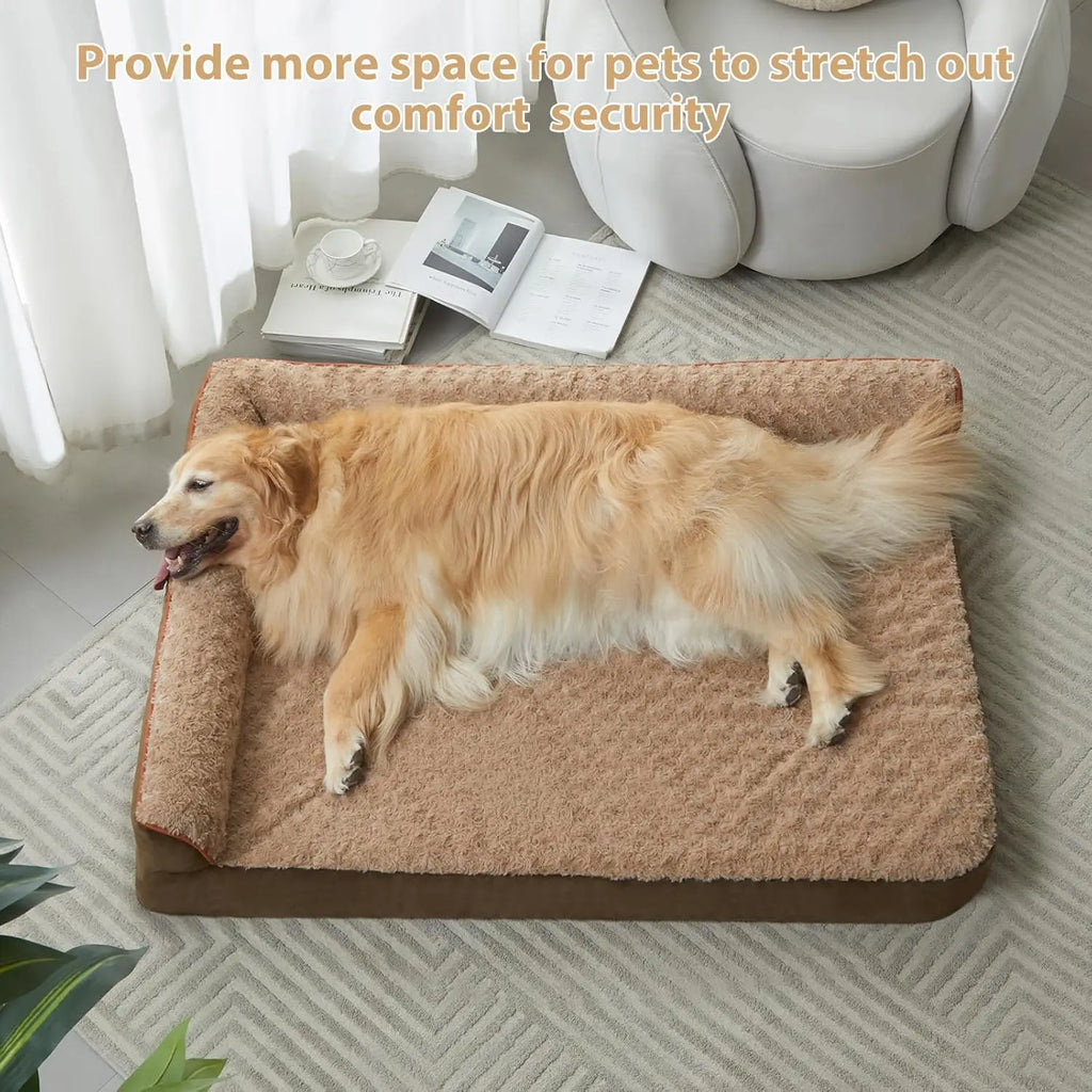 Dog lying on a large brown pet bed in a cozy living room.