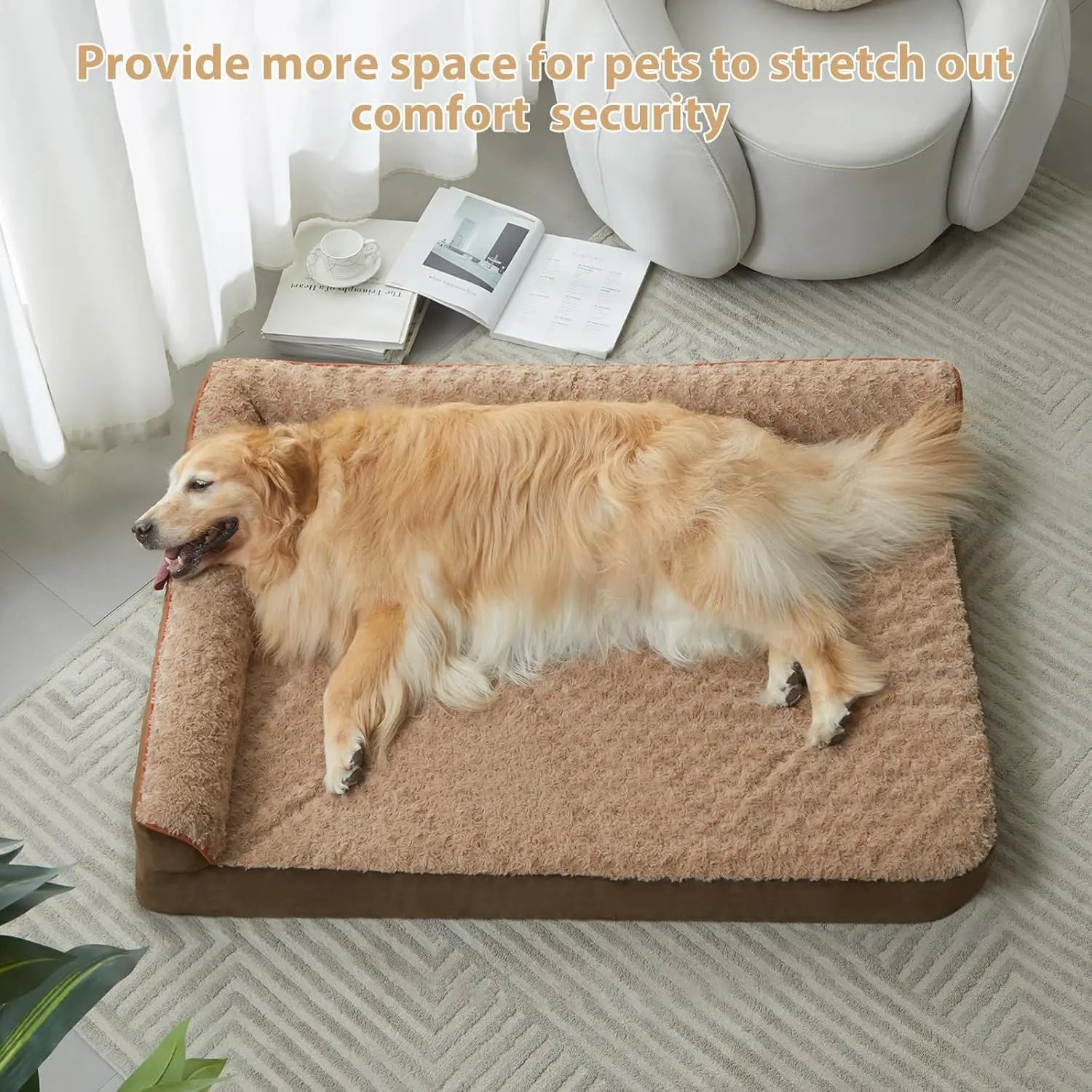 Dog lying on a large brown pet bed in a cozy living room.