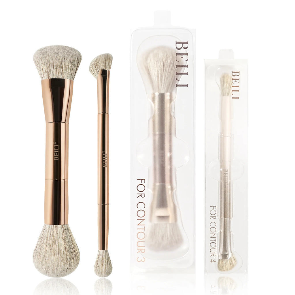Set of makeup brushes with packaging labeled 'BELLI' on a white background