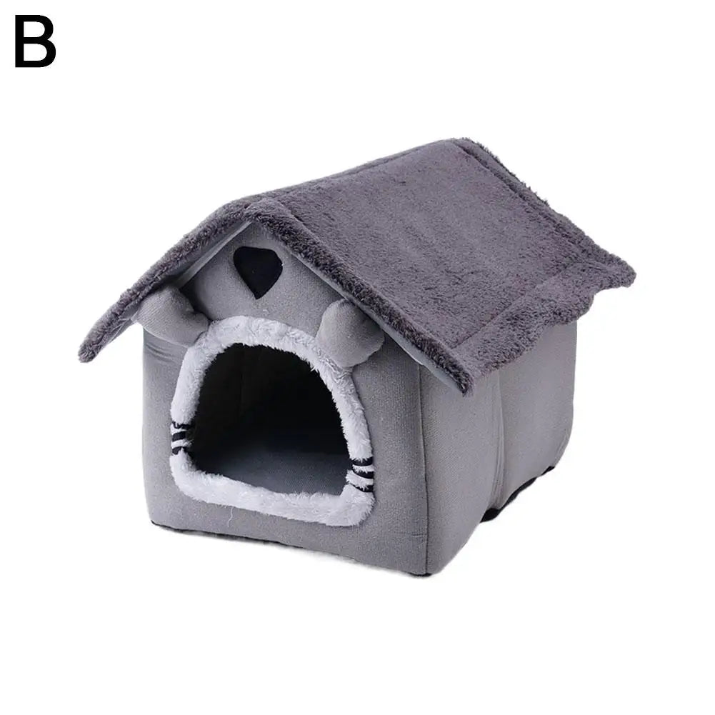 Gray pet house with a soft interior on a white background