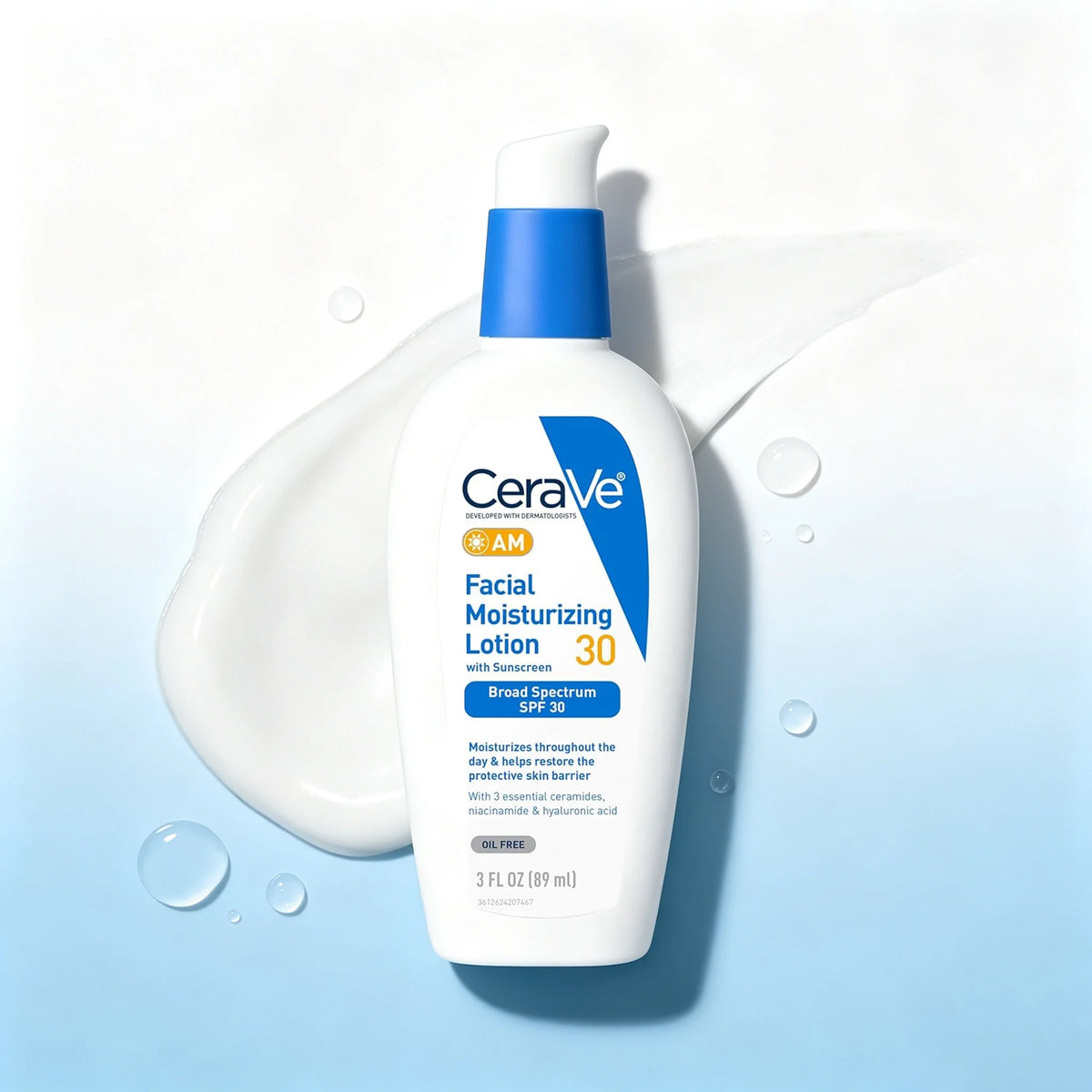 CeraVe Facial Moisturizing Lotion SPF 30 in a white bottle with a blue pump, styled on a light blue and white background with a cream smear and water droplets.