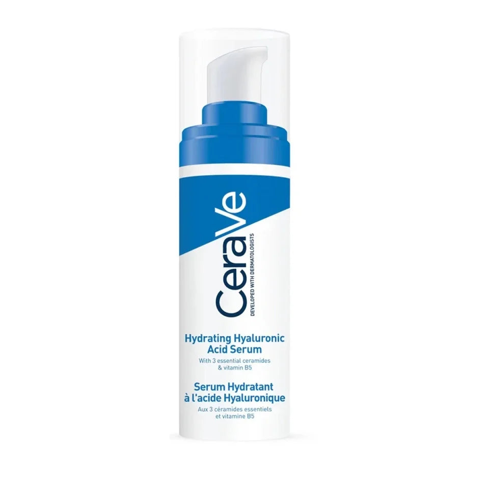 CeraVe Hydrating Hyaluronic Acid Serum in a white pump bottle with a blue collar and blue branding, shown on a plain white background.