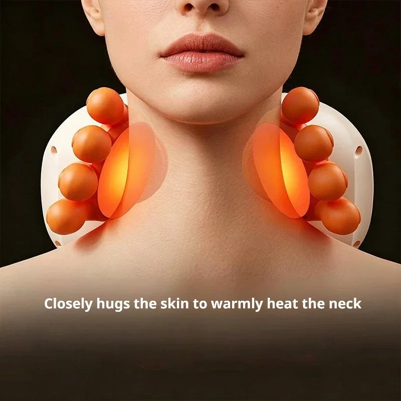Neck warmer device being worn on a person's neck with glowing orange elements.