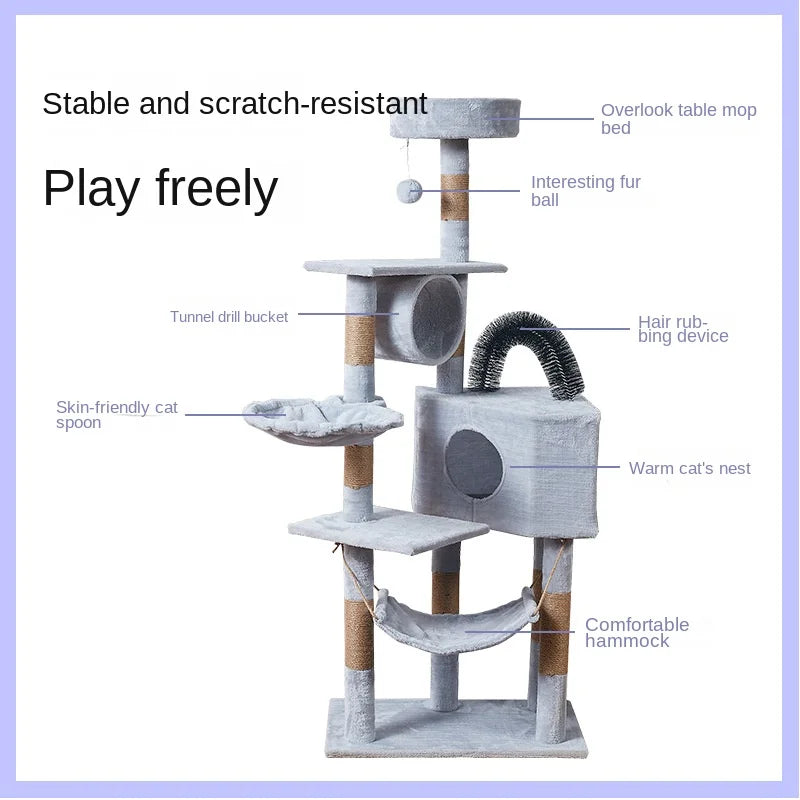 Cat tree with various features labeled on a light purple background