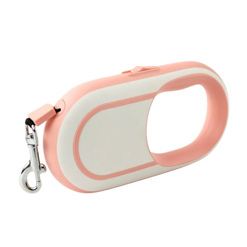Pink and white retractable dog leash on a white background