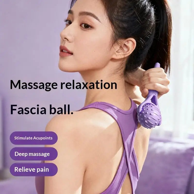 Woman using a fascia ball for massage relaxation with text highlighting benefits.