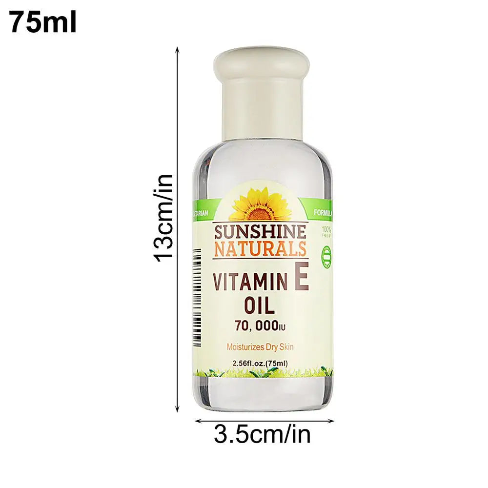 Bottle of Sunshine Naturals Vitamin E Oil with dimensions on a white background