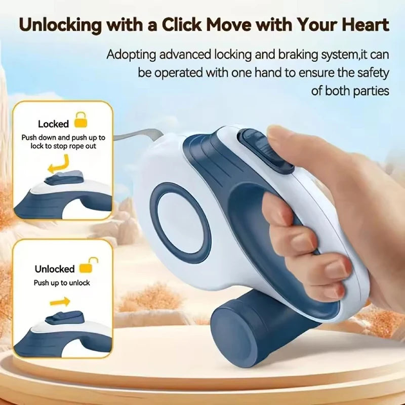 Handheld device with locking mechanism being demonstrated, text about safety features.