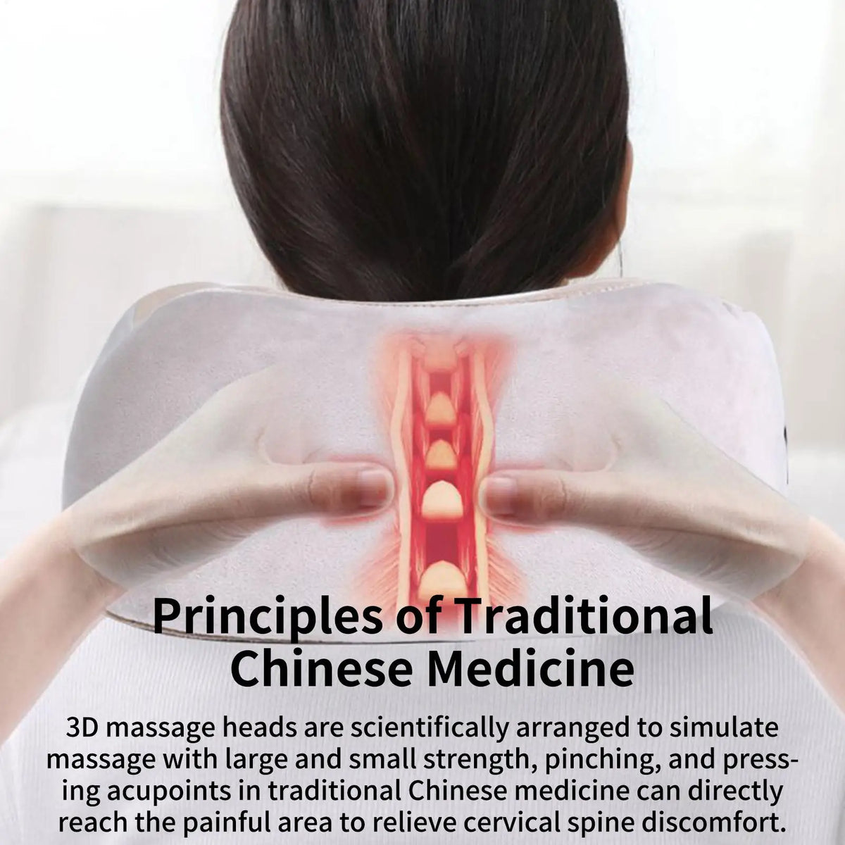 A person viewed from behind with hands pressing into a translucent white neck massage device over the upper spine, with overlaid text explaining traditional Chinese medicine principles and a red anatomical illustration of the spine.