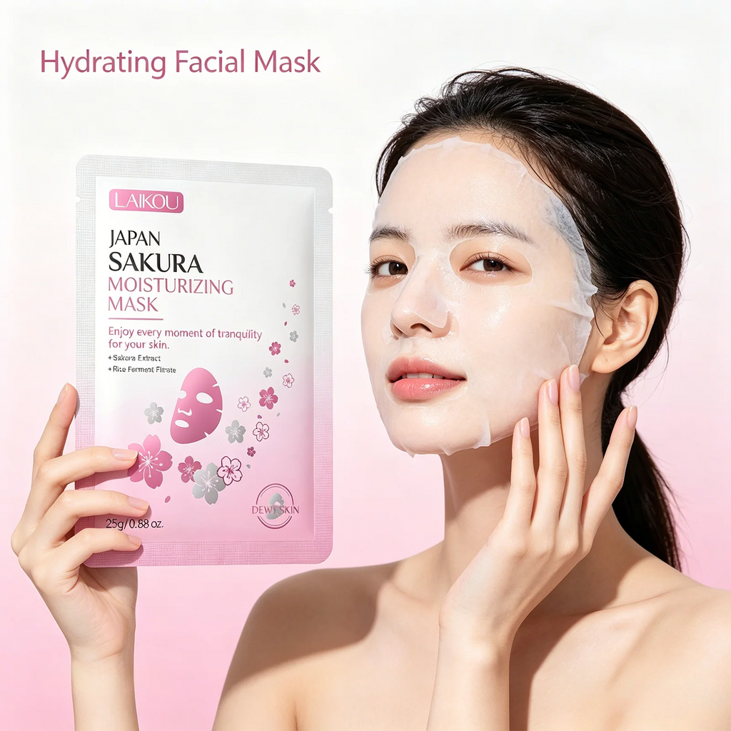A woman with a hydrating facial mask on her face holds up a pink and white packet of LAKOU Japan Sakura Moisturizing Mask against a soft pink gradient background.