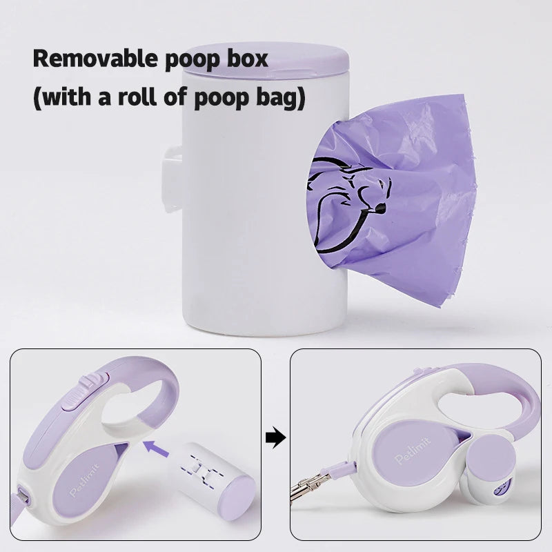 Purple pet waste management system with a roll of poop bags and a keychain dispenser on a white background.